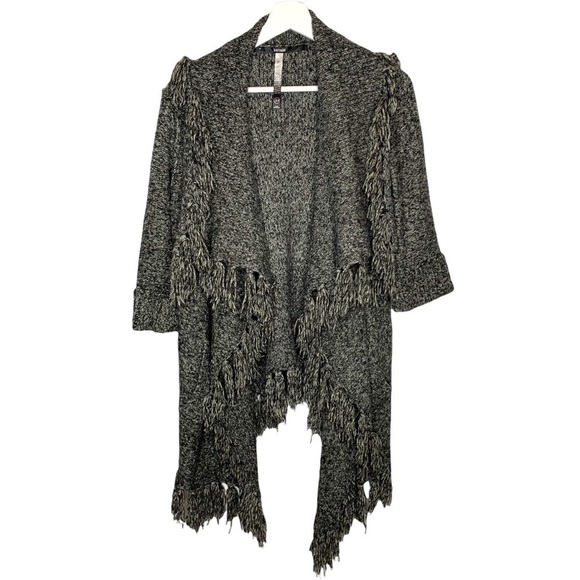 Kensie Sweaters - Kensie Boho 3/4 Sleeve Open Front Fringe Cardigan Gray Extra Small